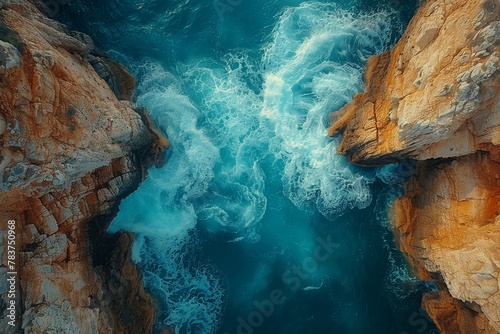 A dramatic aerial perspective of vivid blue ocean waves colliding with the rugged cliffs under a clear sky