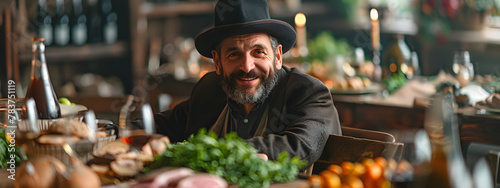 Family Passover dinner seder. Jewish man with kippah sitting at festive table with traditional food. Jewish family celebrate Hanukkah  Shavuot. Bat and Bar Mitzvah