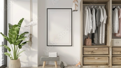 Framed mockup, ISO paper size A. Cabinet wall poster mockup. Interior mockup with house background.