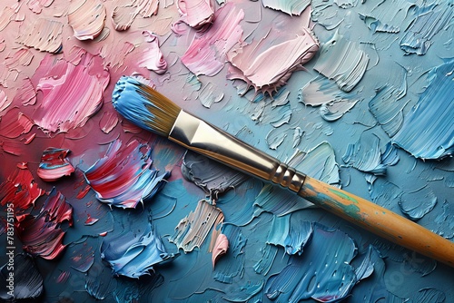 An artisan's paintbrush lies across a colorful palette of smeared oil paints, full of texture photo