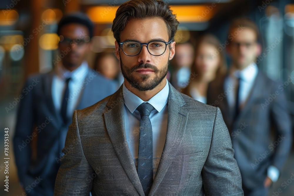 A business professional gazes confidently at the camera, with a sharp-dressed team in the soft-focus