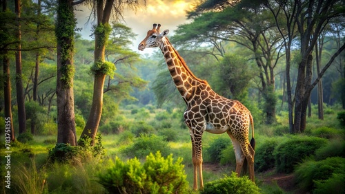 Giraffe Roams Amongst Trees  Capturing the Beauty of Wildlife in Natural Habitat.