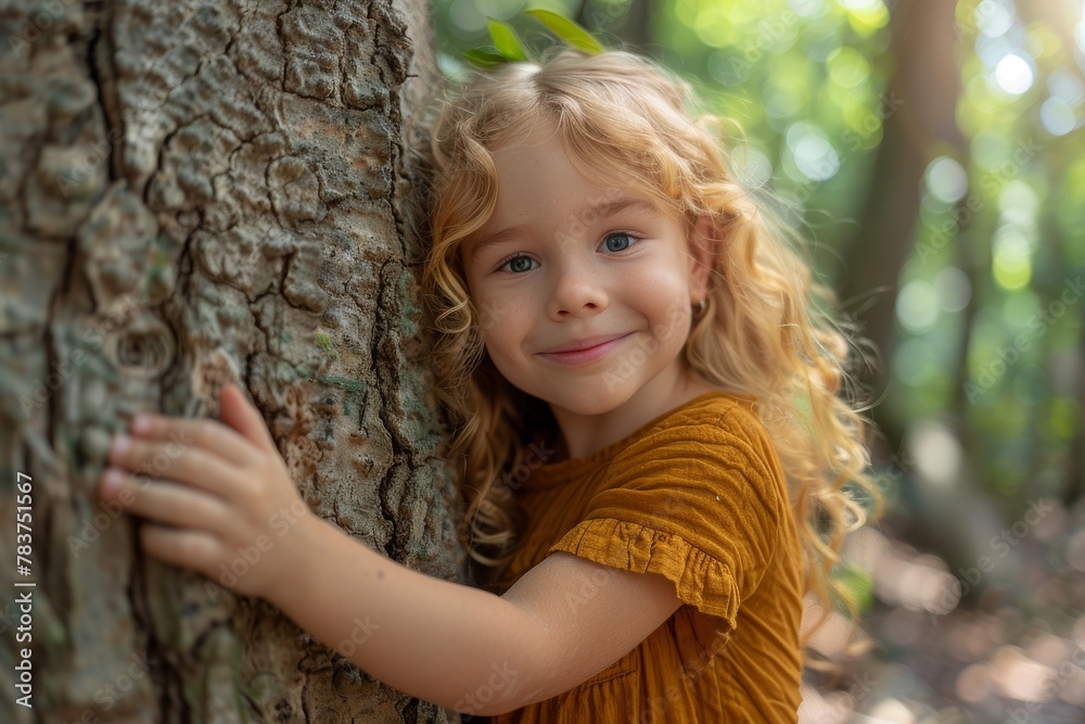 Cute child with curly hair and whimsical expression embraces a tree surrounded by soft sunlight filtering through leaves Cute child with curly hair and whimsical expression embraces a tree surrounded by soft sunlight filtering through leaves