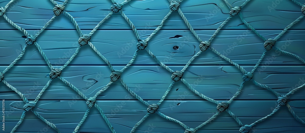 Fototapeta premium Blue wooden fence detail showing a prominent knot in a close-up view. Top angle view of fishnet on the same background.