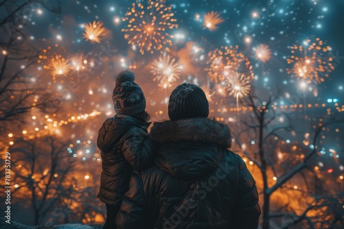 Amidst a winter setting, two individuals, clad in warm clothing, gaze at a magical display of fireworks in the night sky