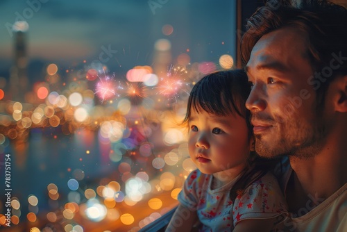 In a poignant urban scene, a parent's embrace encompasses a child as they peer at city lights and distant fireworks