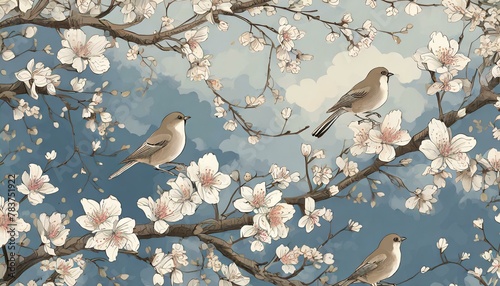Sparrow Serenade: Cherry Blossom Branches in Chinoiserie Splendor"