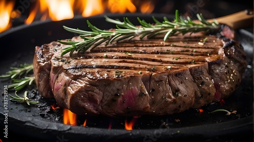 A perfectly grilled steak with grill marks topped with rosemary on a sizzling hot plate