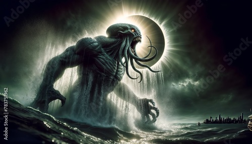 cthulhu, lovecraft, scary, wallpaper, monochrome, monster, horror, eclipse photo