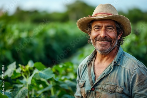 A happy smiling man, a farmer, stands with his arms crossed against the background of his field with green plants