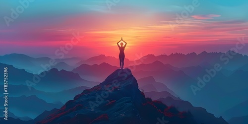 Silhouetted Yoga Pose on Mountainous Landscape at Sunrise Capturing Wellness Strength and Beauty of Nature