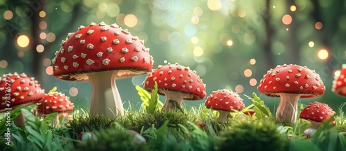 Group of vibrant scarlet mushrooms growing in a forest setting captured in detailed macro shots