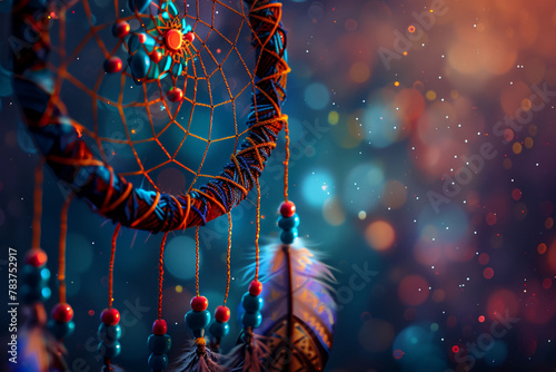 Craft an image of a close-up view of a Native American dreamcatcher, its colorful threads intricately woven into a protective web, set against a backdrop of a starry night sky