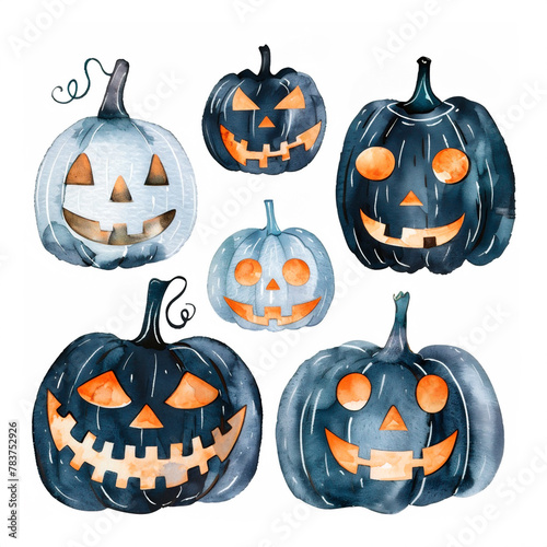 Watercolor Halloween black Pumpkin Clipart set isolated on a white background