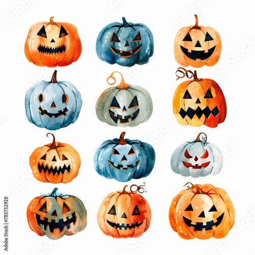 Watercolor Halloween Pumpkin Clipart set isolated on a white background
