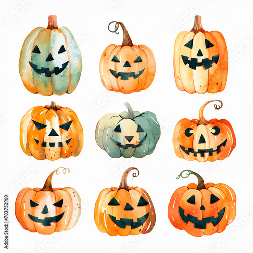 Watercolor Halloween Pumpkin Clipart set isolated on a white background