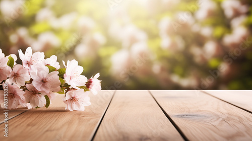 A branch of a flowering tree on a wooden shelf with a view of a flowering garden in the background.	
