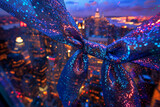 Craft an image showcasing a close-up view of a ribbon knot embellished with shimmering sequins and beads, set against a backdrop of a bustling city skyline illuminated by a kaleidoscope of neon lights