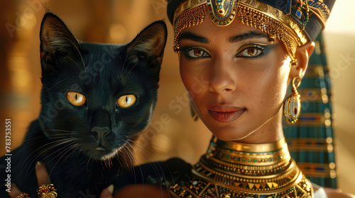 Beautiful Egyptian ancient goddess woman in traditional gold clothing jewelry and big black cat with gold jewelry nearby created with Generative AI Technology