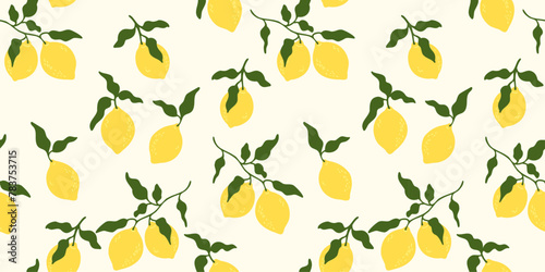 Background with tropical seamless pattern with yellow lemons