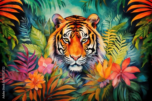 A tiger in a jungle among flowers and leaves  watercolor poster