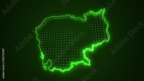 3D Moving Neon Green Cambodia Verde Map Borders Outline Loop Background