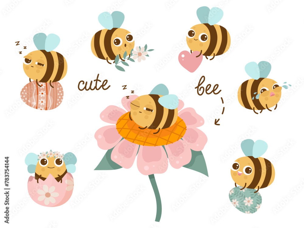 Vector set with cute little bee. Easter concept Vector set with cute little bee. Easter concept