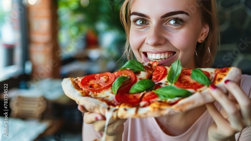 Young Caucasian suntanned beautiful elegant woman eating, biting Italian thick tomato pizza with burata cheese Yummy unhealthy food. photo