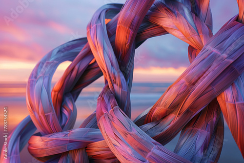 Craft an image showcasing a close-up view of a multi-layered ribbon knot, with each strand woven together in a mesmerizing pattern, set against the backdrop of a tranquil seascape at sunset  photo