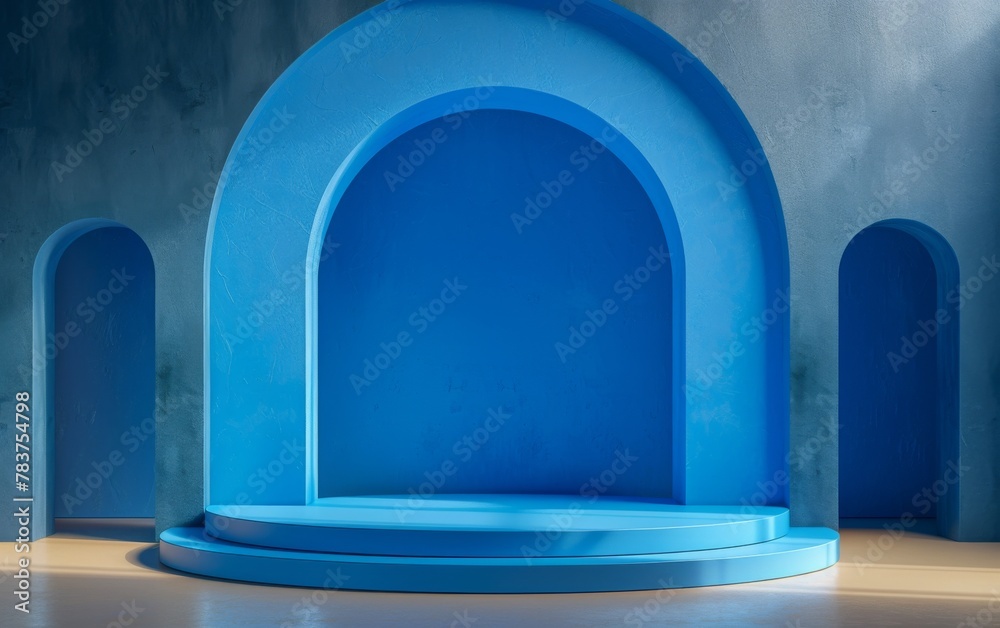 Blue Room with an Empty Podium. Amazing Background for Product Presentation Blue Room with an Empty Podium. Amazing Background for Product Presentation