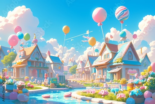 A whimsical candy land with giant lollipops, cupcakes and colorful clouds © Photo And Art Panda