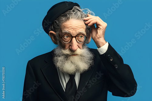 Portrait of senior orthodox jewish man wearing black hat on blue background. Jewish holiday celebration. Judaism, religion concept. Human emotions photo