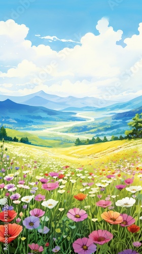 A field of flowers with a mountain in the distance.
