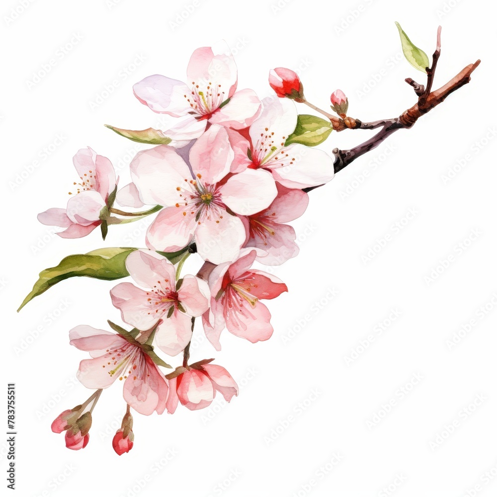 A watercolor painting of a cherry blossom branch with pink flowers and green leaves.