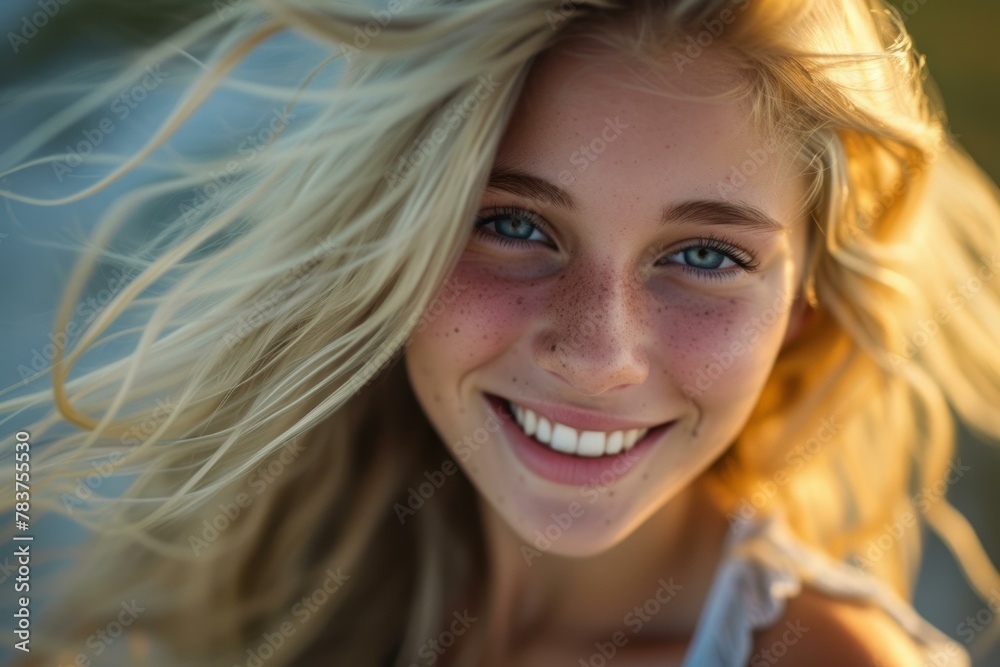 Beautiful smiling blonde on autumn view. Charming lady outdoor nature portrait. Generate ai Beautiful smiling blonde on autumn view. Charming lady outdoor nature portrait. Generate ai