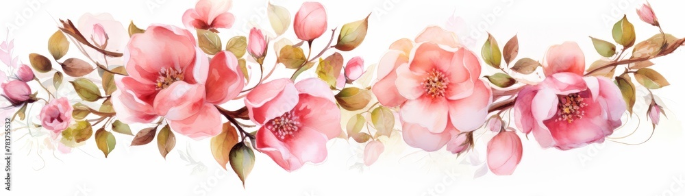 A watercolor painting of a cherry blossom branch with pink flowers and green leaves. A watercolor painting of a cherry blossom branch with pink flowers and green leaves.