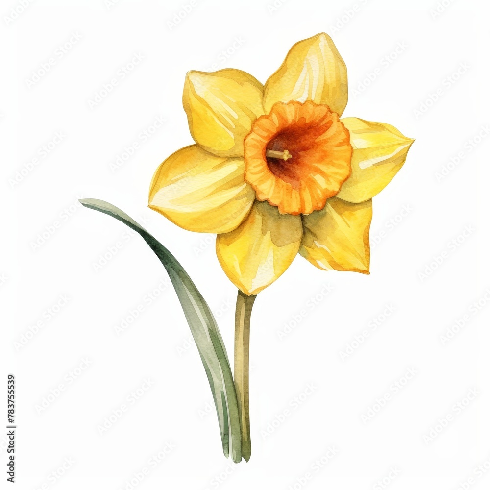 A watercolor painting of a daffodil in full bloom against a white background. A watercolor painting of a daffodil in full bloom against a white background.