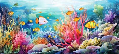 A colorful underwater landscape, fishes and corals, watercolor illustration © lattesmile