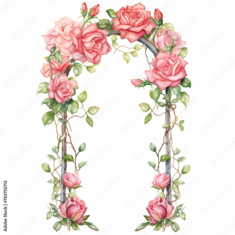 A watercolor painting of a floral archway with pink roses and green leaves.