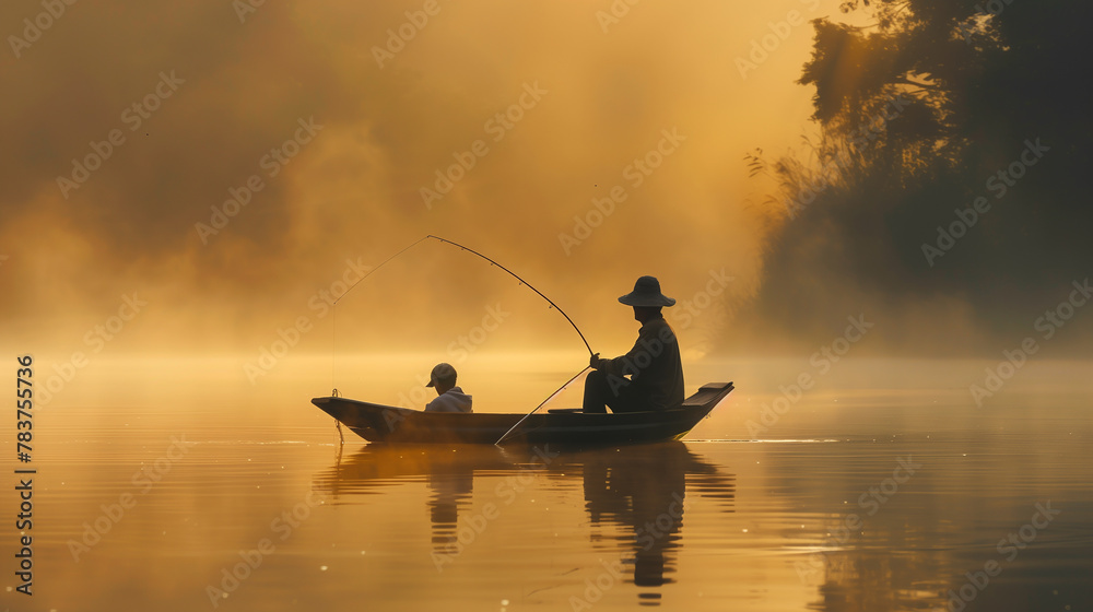 A man and a boy are fishing in a boat on a lake. The man is holding a fishing rod and the boy is holding a fishing rod as well. The scene is peaceful and serene, with the sun setting in the background