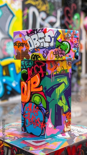 Bold graffitistyle podium, with vibrant street art for edgy, urban products