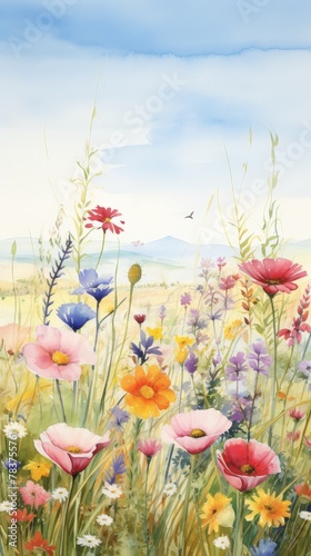 A watercolor painting of a meadow in full bloom. There are many different types of flowers, including poppies, daisies, and cornflowers. The colors are bright and vibrant. The meadow is in the foregro