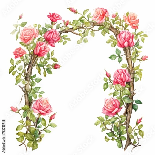 A watercolor painting of a rose archway with pink roses and green leaves on a white background.