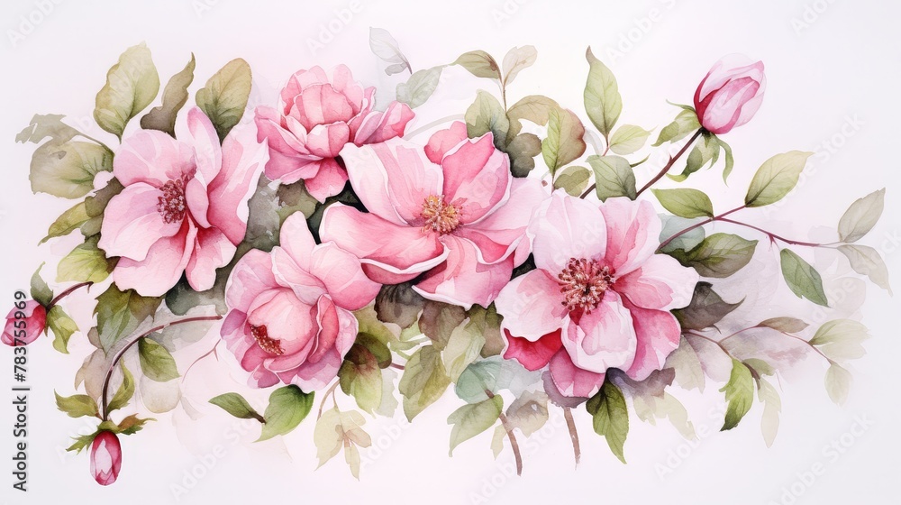 A watercolor painting of pink roses with green leaves.