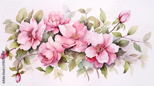 A watercolor painting of pink roses with green leaves.