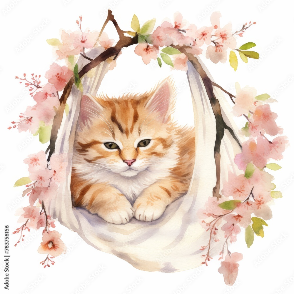 A cute watercolor illustration of a tabby kitten sleeping in a hammock made of white cloth, surrounded by delicate pink cherry blossoms.