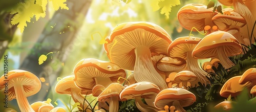 A cluster of mushrooms emerging from a tree trunk surrounded by green leaves in a lush forest setting