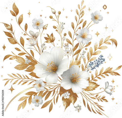 Gold leaves flowers png transparent, golden bunch of floral photo