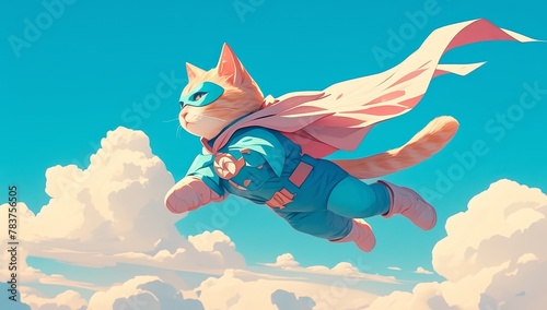 A superhero cat with a pastel cloak and mask, flying in the air in the style of copy space for text stock  photo