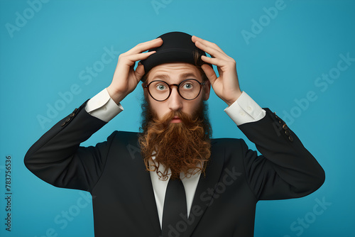 Portrait of orthodox jewish man wearing black hat on blue background. Jewish holiday celebration. Judaism, religion concept. Human emotions photo